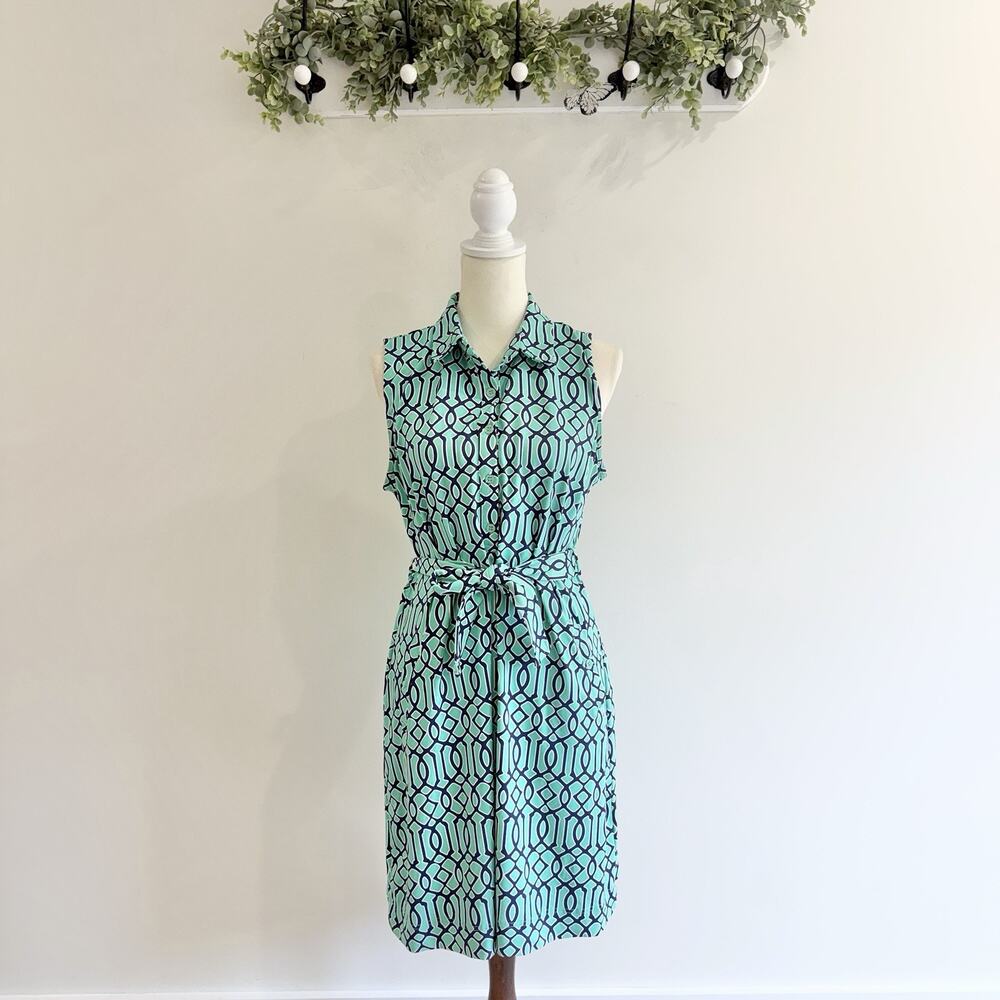 Lulu-b Mint Green Blue Belted Geometric Print Sleeveless Dress Medium 19-6058